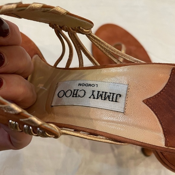 Jimmy Choo Sandals low kitten heel thong open back brown leather designer - Picture 9 of 10